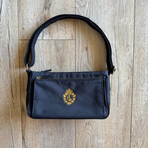 Vintage Lauren Ralph Lauren Blue Nylon Embroidered Crest Adjustable Strap Bag - Picture 1 of 15